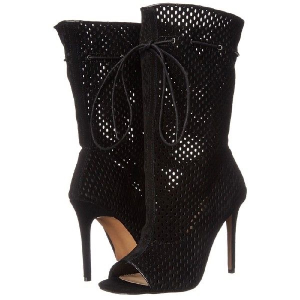 STEVE MADDEN SUEDE HEEL OPEN TOE BOOT- BLACK
